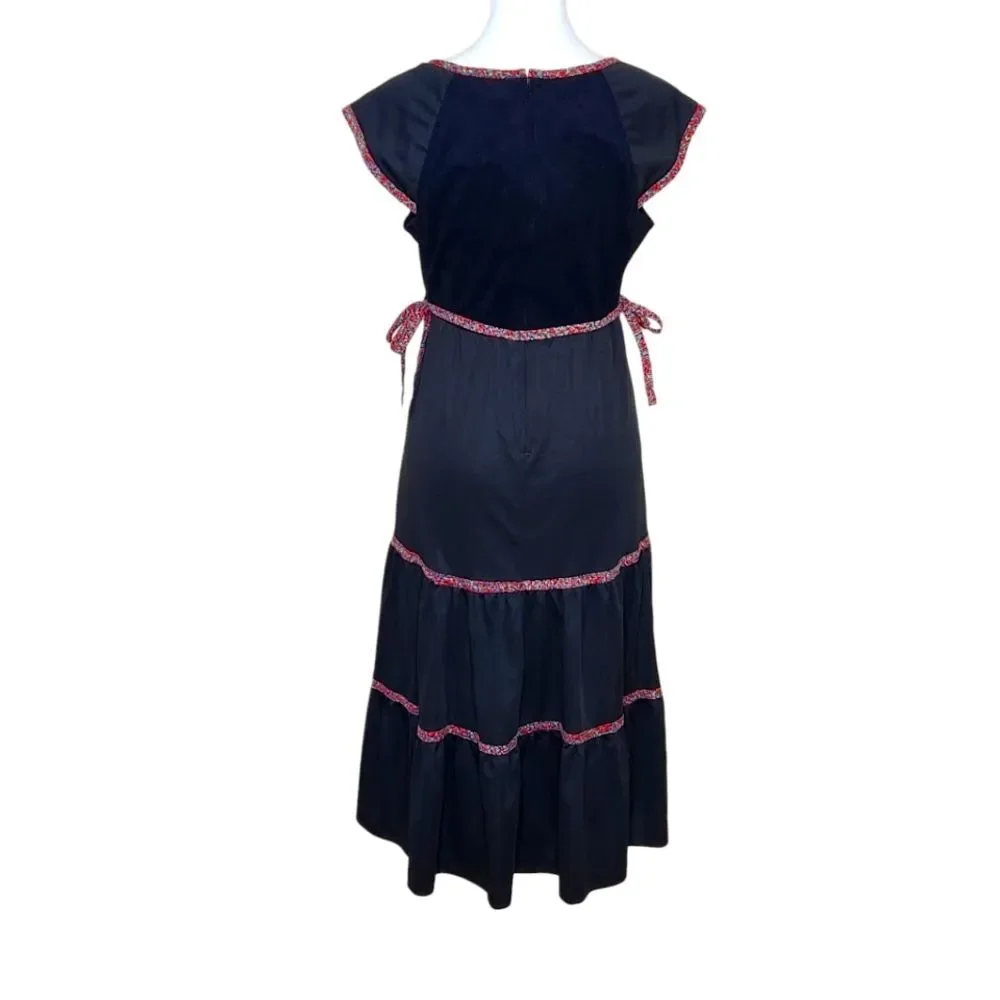 Vintage 70s Jody T California Floral Bib Black Tiered Midi Dress 9 Western Boho